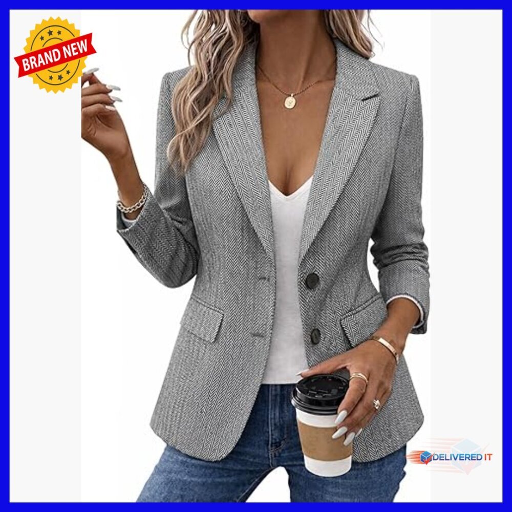 Herringbone Tweed Blazer Notched Lapel Fully Lined Work Office Coat Pockets